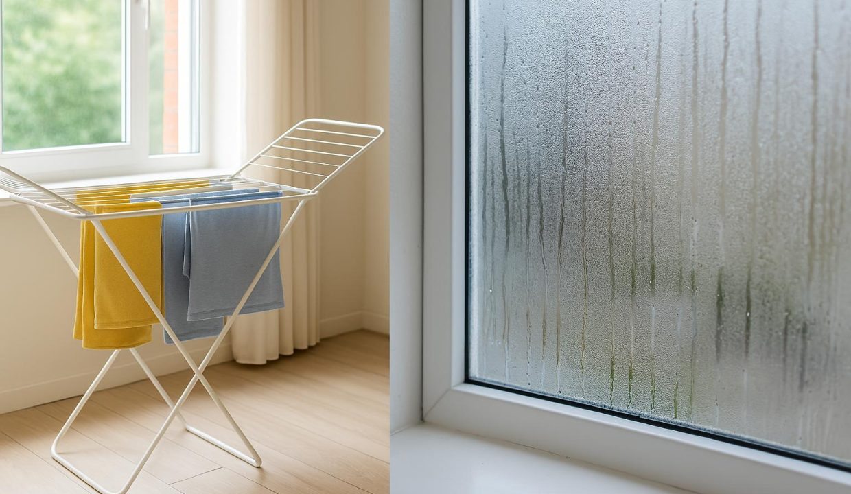 photo of a clothes dryer sitting in a room with the window open and a window with condensation streaks running down it